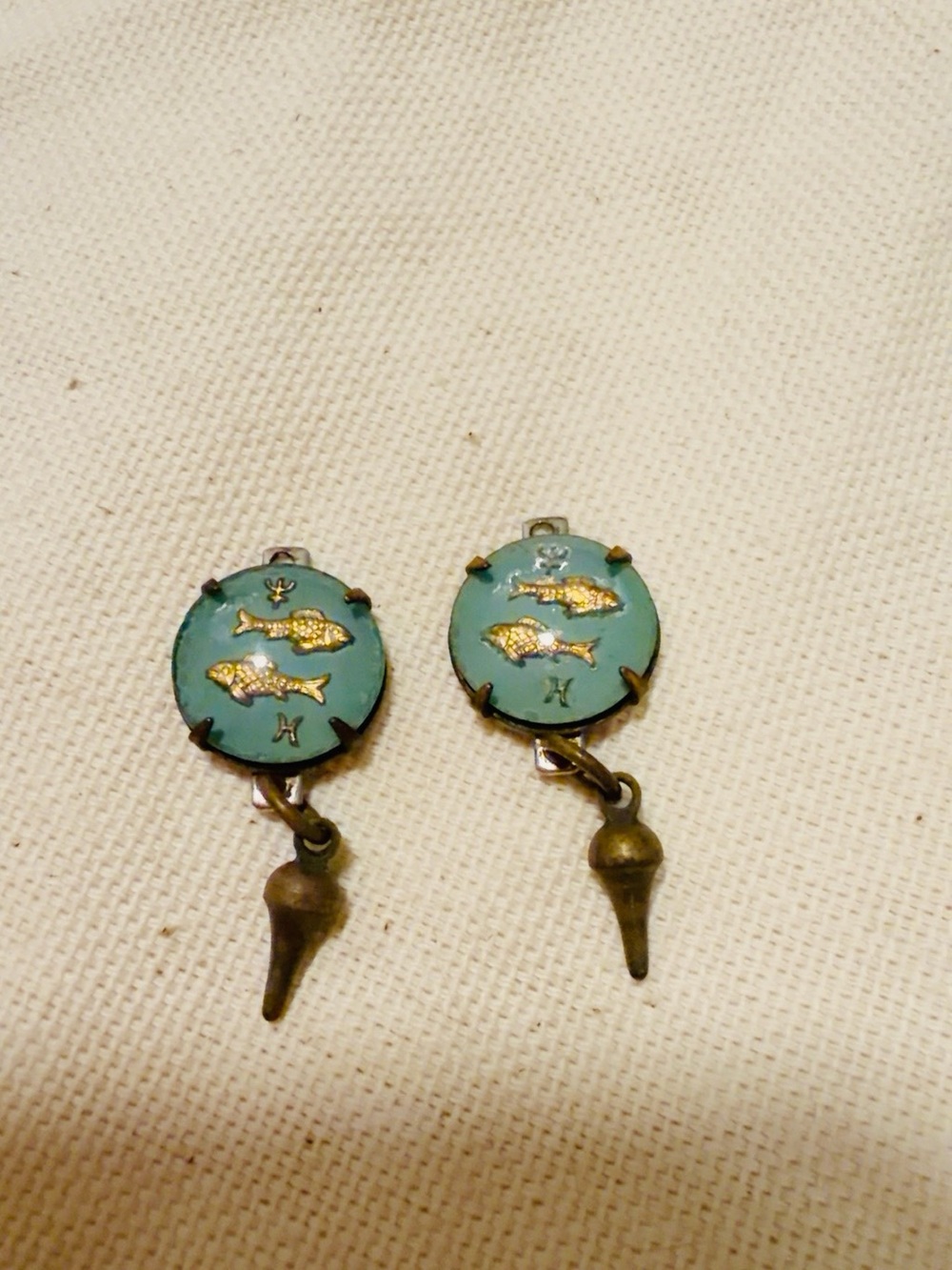 Vintage Fish Charm Pendant Pair - Aqua and Gold
